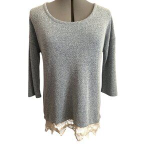 New Directions Weekend Long Sleeve Sweater Top With Lace Trim Hem Blue Medium